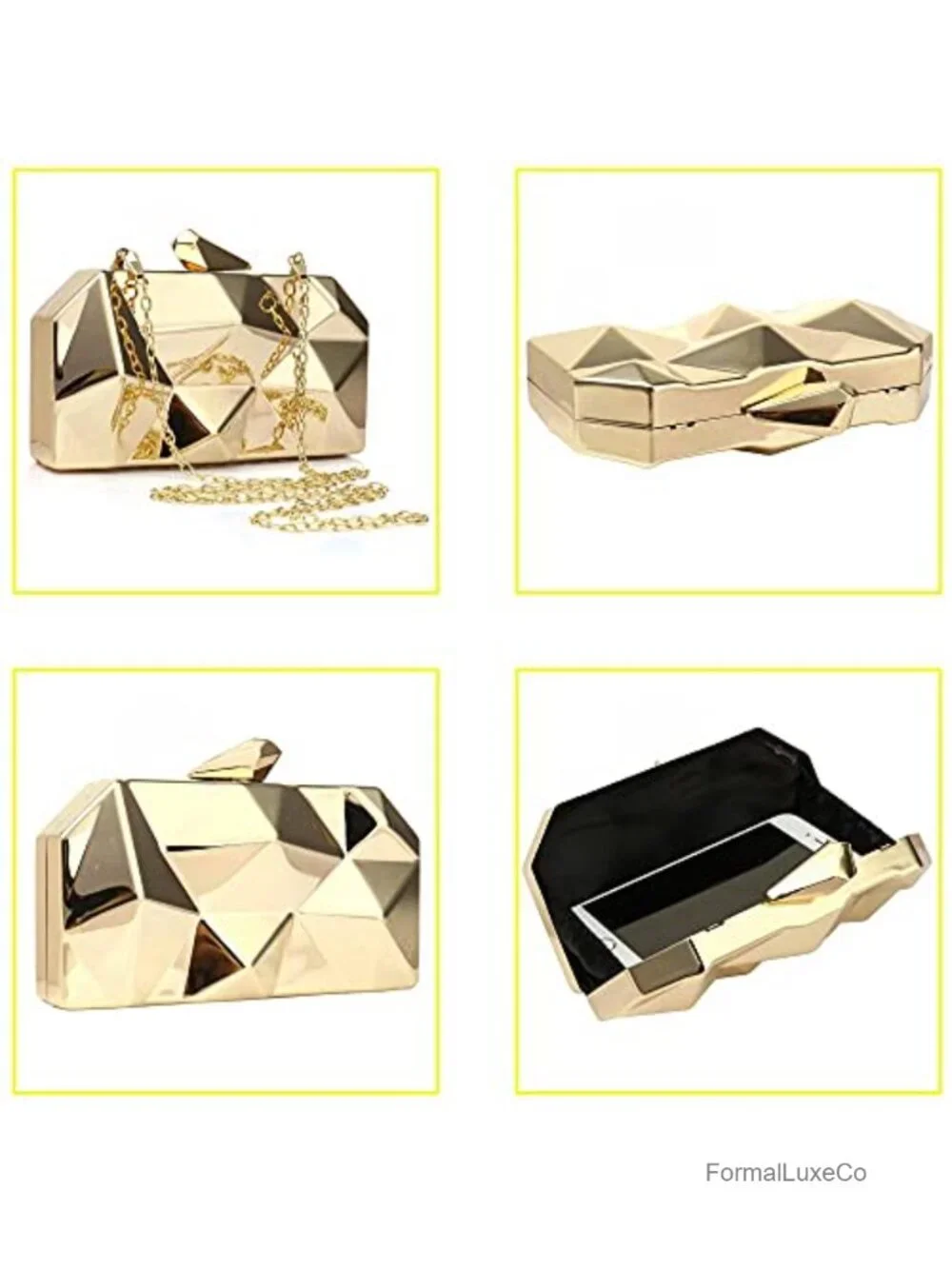 Geometric Lattice Metal Evening Bag Clutch with Chain for Weddings and Prom